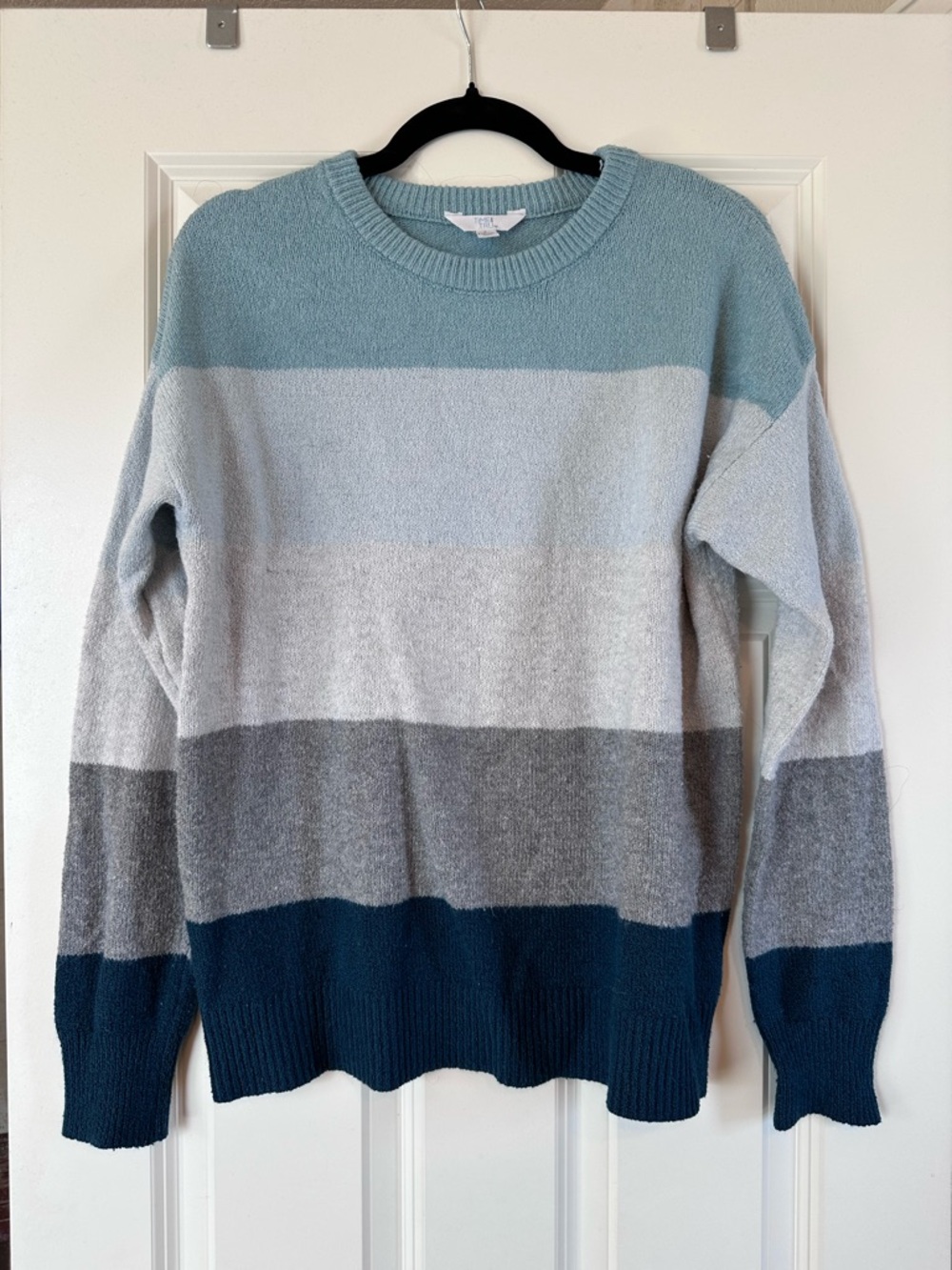 Striped Crewneck Sweater in Light Blue, Gray & Teal Sz L